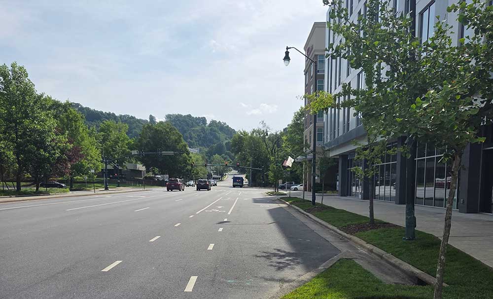 Traffic building at the intersection of College Street and Charlotte Street in Asheville, NC