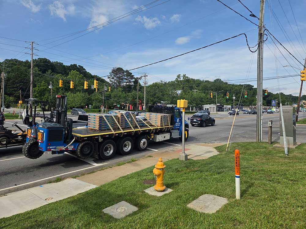 Flat-bed semi-truck at the intersection of Patton Avenue and Louisiana Avenue in Asheville